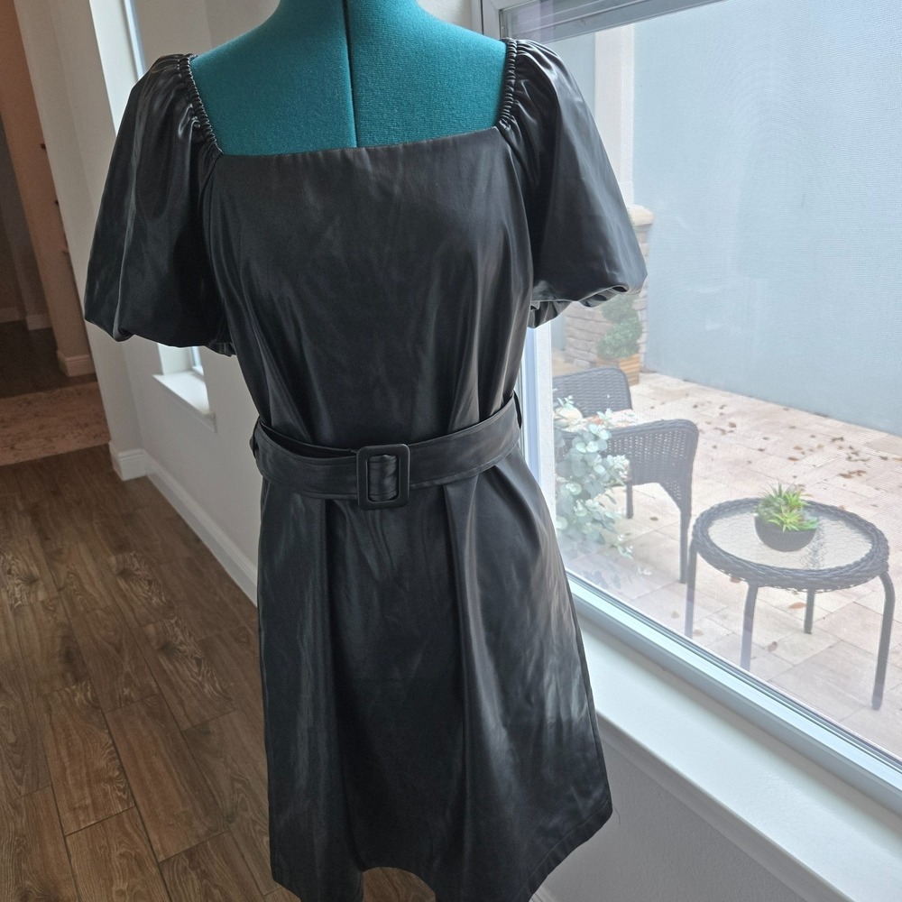 Lucy Paris Womens Faux Leather Black Dress Size Large Belted Bubble Sleeves